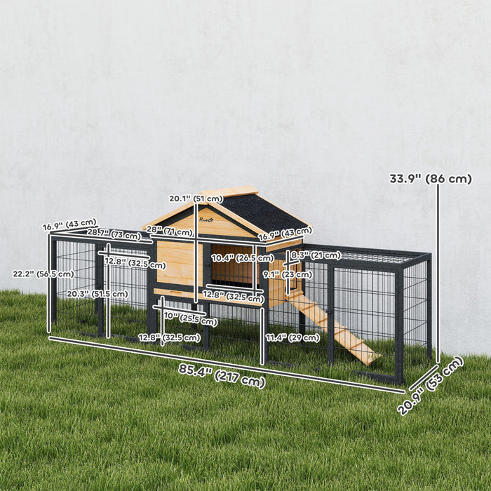 PawHut Rabbit Hutch Outdoor, 85\"L Large Wooden Bunny Cage with Run Box, Removable Plastic Tray, Asphalt Roof, Ramp, Guinea Pig Cage for 2-3 Small Animals Backyard Garden, Yellow