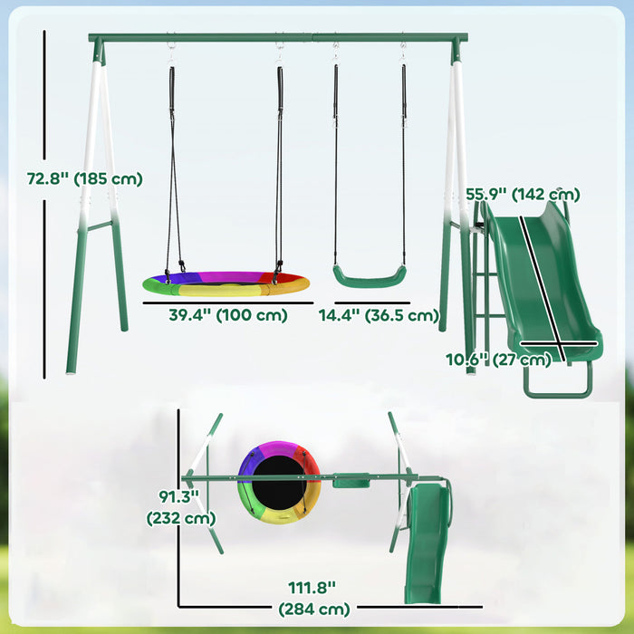 Qaba 3-in-1 Swing Sets for Backyard, 265lbs Capacity Metal Outdoor Playset with A-Frame, 5' Slide, Saucer Swing and Swing Seat, Adjustable Height, for Ages 3-8, Dark Green