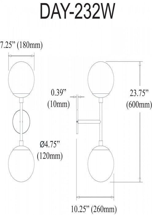 Dainolite Dayana 2 Light Wall Sconce Matte Black Finish White Glass Lamp
