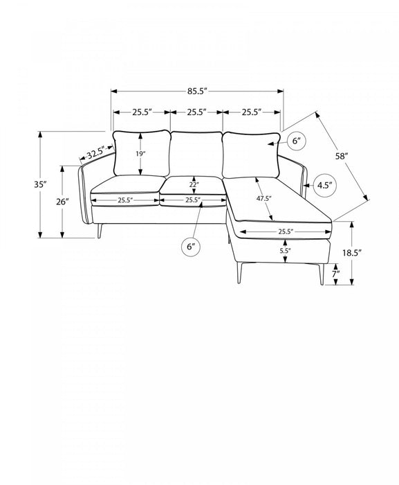 Upholstered, Chaise Sofa Lounger, 85\" Wide, Beige Fabric, Black Metal Legs Sofa