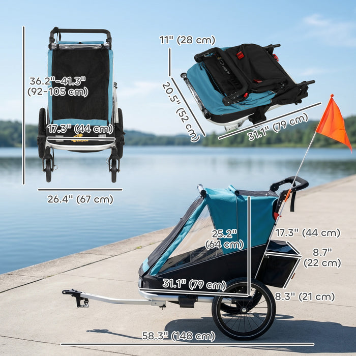 Qaba Bike Trailer for Kids, 3-in-1 Foldable Bicycle Trailer Converts to Stroller, Jogger with Aluminum Frame, Rubber Wheels, Reclining Seat, Adjustable Handle, 5-Point Harness
