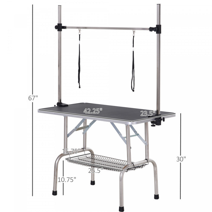 Pawhut Adjustable Dog Grooming Table Rubber Top 2 Safety Slings Mesh Storage Basket Heavy Metal Black 42.25\"x 23.5\" X 67\"