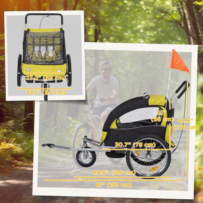 Aosom 2-Seat Bike Trailer for Kids, 2-in-1 Baby Stroller Bicycle Trailer 88 lbs Load with 5-Point Harness, Rubber Wheels, Storage, Safety Flag, Reflectors, Foldable Frame, Yellow