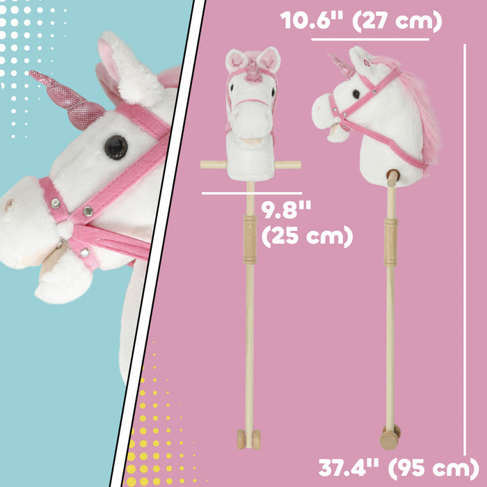 Qaba Unicorn Stick Horse, Plush Handcrafted Hobby Horse with Wood Wheels, Real Pony Neighing and Galloping Sounds, for Kids, Toddlers Pretend Play, White