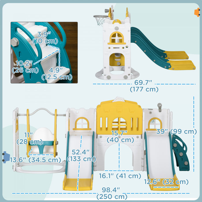 Qaba 8 in 1 Slide and Swing Set with Basketball Hoop, Climber, Toddler Slide Set Indoor Playground with Aisle, Steering Wheel, Storage Space, Telescope, for Aged 1-3 Years, Yellow