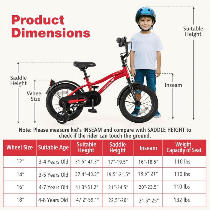 Costway 14\" Kids Bike For 3-5 Years Old Boys & Girls With Adjustable Seat Handbrake Reflectors Red