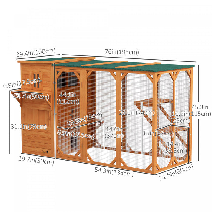 Pawhut Wooden Cat Catio, 76\"l Walk In Outdoor Cat House With Asphalt Roof, Platforms, Lockable Doors, 3-tier Resting Condo, Observation Window, For 2-3 Cats, Orange