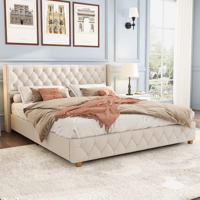 Haley Linen Upholstered Platform Bed with Classic Wingback Headboard and Diamond Tufted Upholstery,King Size,Beige King Bed