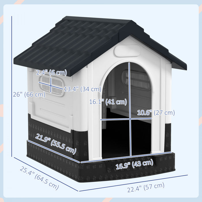 PawHut Outdoor Dog House, Plastic Dog Kennel, Water-Resistant Pet Shelter with Windows, Base Support for Garden Patio, Miniature Dogs, 64.5 x 57 x 66cm - Dark Grey