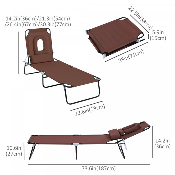 Outsunny Adjustable Outdoor Lounge Chair With Support Pillow, Brown