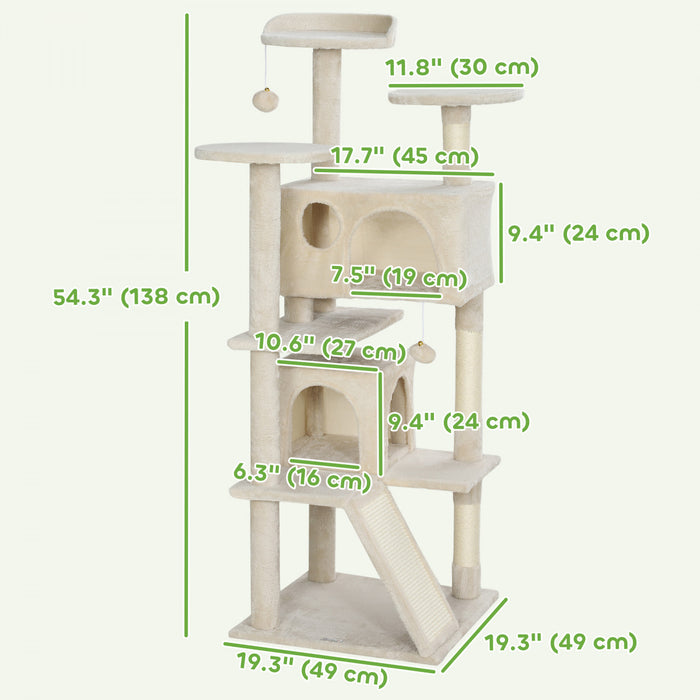 Pawhut 54\" Cat Tree, Cat Tower For Indoor Cats With Scratching Posts, Cat Condos, Bed, Platforms, Ramp, Toy Ball, Cat Activity Center, Beige