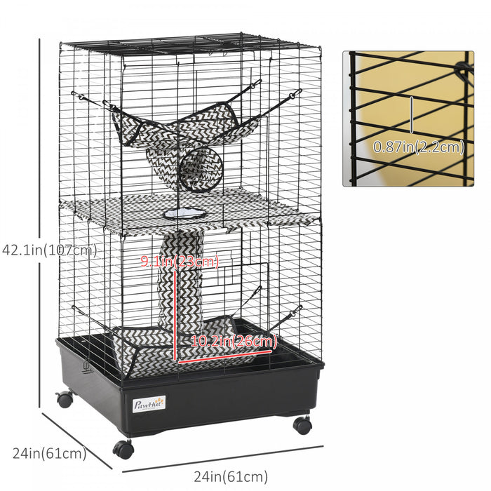 Pawhut Small Animal Cage Habitat Pet Play House For Ferret With Wheels Hammocks Tunnels And 3 Doors Black