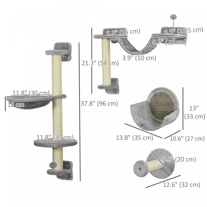 Pawhut Cat Shelves, 5pcs Cat Wall Shelves With Hammock, Scratching Posts, Perches, Ladder, Cat Wall Climber For Indoor Cats, Grey