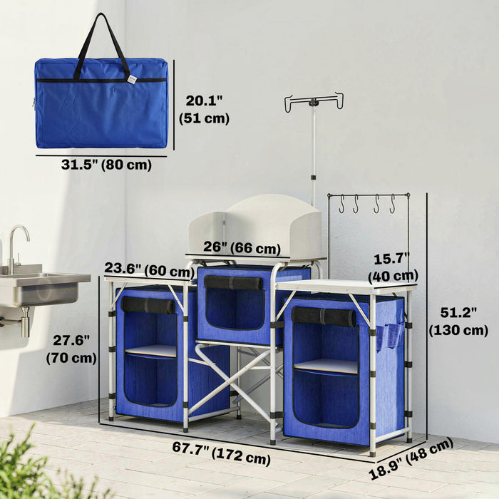 Outsunny Folding Camping Kitchen Table with Storage, Aluminum Portable Camping Table with 3 Fabric Cupboards, Windshield, Light Stand, Carrying Bag for BBQ, RV, Picnic, Blue