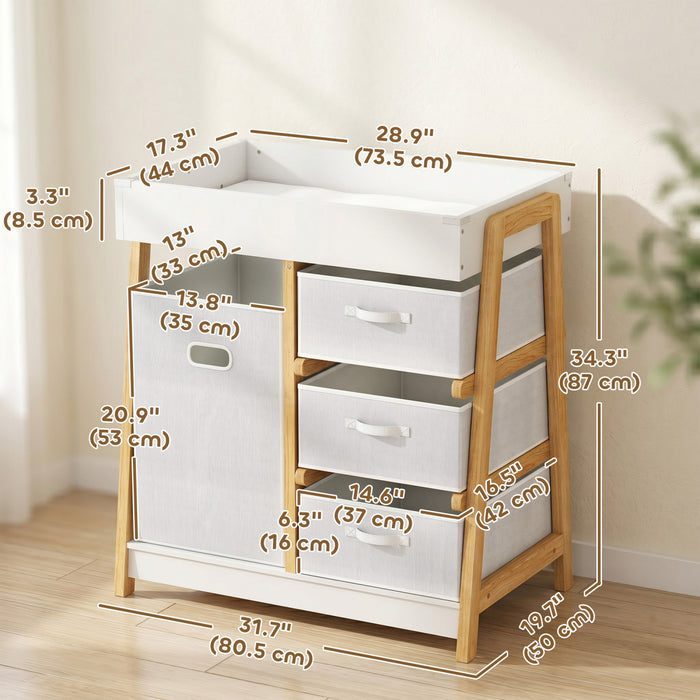 Qaba Baby Changing Table, Diaper Changing Station with Waterproof Pad, 3 Drawers and Large Basket, Nursery Organizer for Newborn and Infant, White