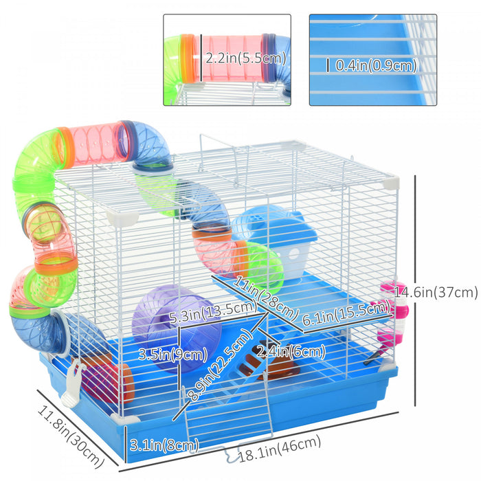 Pawhut 18\" Large Hamster Cage, Small Animal House, 2-level Gerbil Haven With Tunnel Tube System, Exercise Wheel, Water Bottle, Food Dish, Ramp, Blue