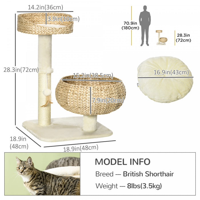 Pawhut 28\" Cat Tree With Scratching Post, Cat Tower For Indoor Cats With Double Beds, Beige
