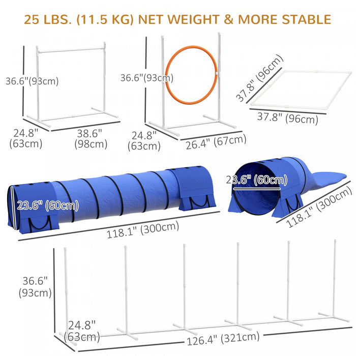 PawHut 7Pcs Dog Agility Training Equipment 11.5KG Net Weight, Obstacle Starter Kit with 2 Tunnels, Adjustable Jump Ring, 2 Jumpers, Weave Poles, Pause Box, Carrying Bag, Whistle
