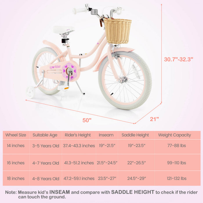 Costway 18\" Kid's Bike With Training Wheels Adjustable Handlebar Seat Handbrake Pink
