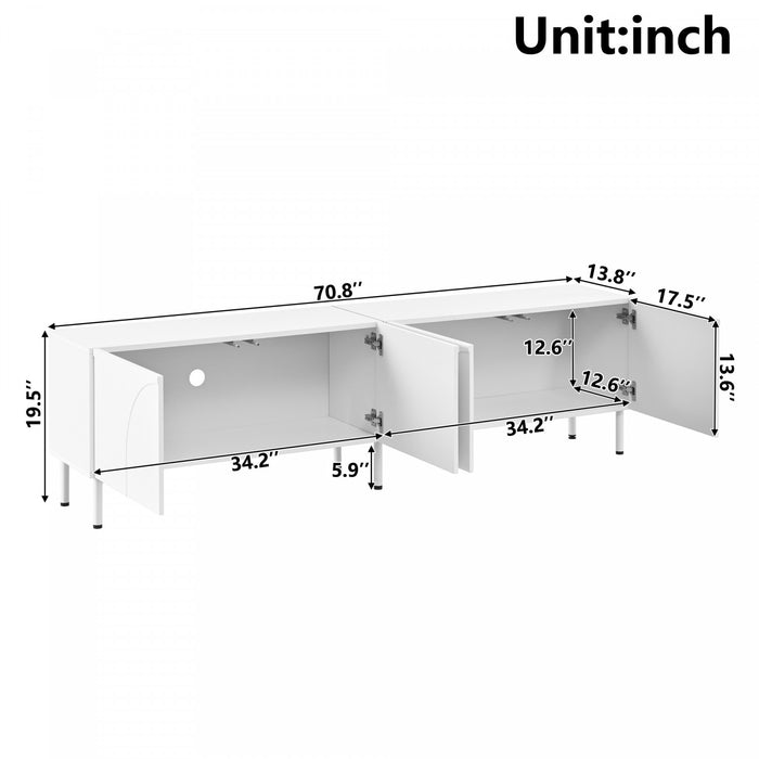 Serene 70.8 Inch Modern TV Cabinet with Curved Line Doors and Metal Legs, White