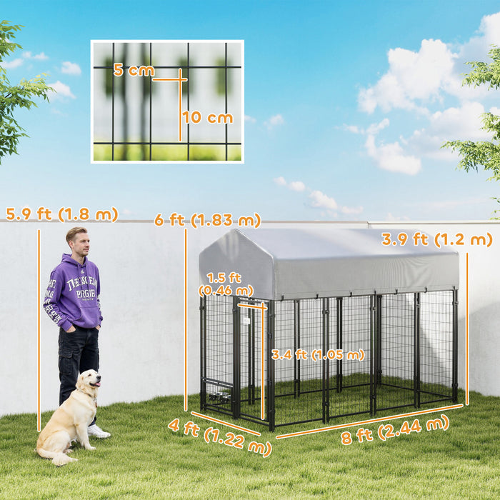 PawHut Outdoor Dog Kennel, Run, Large Wire Steel Fence, Lockable Pet Playpen Enclosure, with Water-, UV-Resistant Canopy Top, Door, Rotating Bowl Holders, 8ft x 4ft x 6ft, Silver