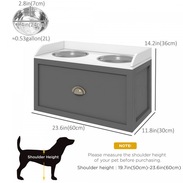 Pawhut Elevated Dog Bowls For Large Dogs, Raised Pet Feeding Station With 2 Stainless Steel Bowls, Hidden Storage Drawer, Wood Stand For Cats, Grey
