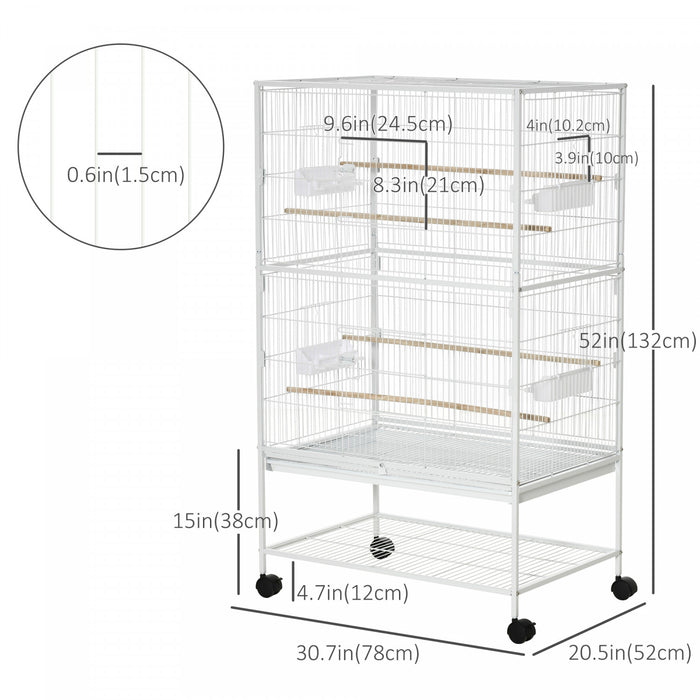 Pawhut 52\" Large Rolling Steel Bird Cage Bird House With Rolling Stand, Storage Shelf, Wood Perch, Food Container, White