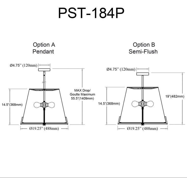 Dainolite Preston 4 Light Pendant 19\" Dia Matte Black Black Fabric Shade Lamp