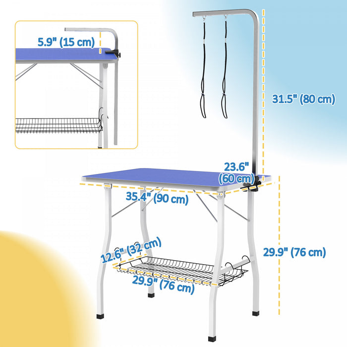 Pawhut 35in Dog Grooming Table With Adjustable Arm, Foldable Pet Grooming Table With Mesh Tray, Two Nooses, Rubber Surface, 35\" X 24\" X 61\", Blue
