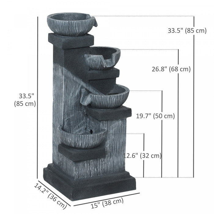 Outsunny 4-Tier 33.5\" Outdoor Waterfall Fountain with LED Lights, Pump Grey