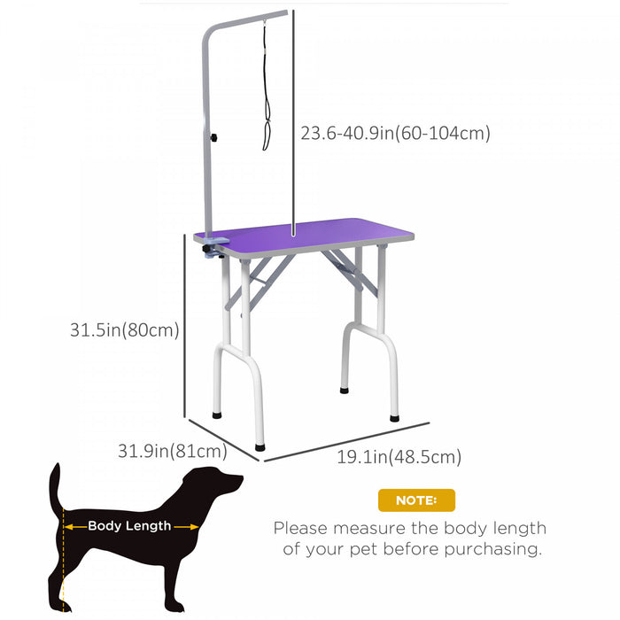 Pawhut 32in Foldable Dog Grooming Table For Small Dogs, Pet Grooming Table For Dogs Cats With Adjustable Arm, Non-slip Surface, Purple