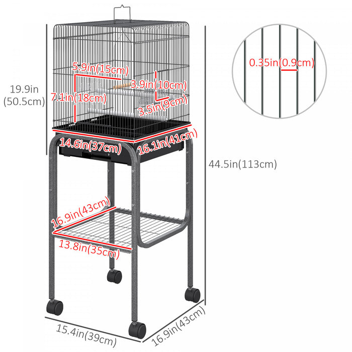 Pawhut 44.5\"h Metal Bird Cage Parrot Play Spot Stand W/ Wheel Storage Shelf Multi-doors Black
