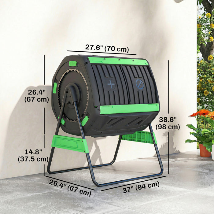 Outsunny Compost Bin Outdoor, 53 Gal Dual Chamber Tumbling Composter with Adjustable Vents, BPA Free Rotating Tumbling Composter with 2 Sliding Doors for Garden, Yard, Green