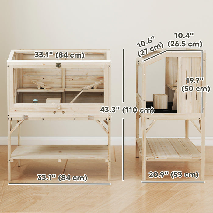 PawHut Wooden Hamster Cage, Gerbil Cage with Openable Top, Removable Tray, Seesaws, Water Bottle, Transparent Panels for Syrian, Dwarf Hamsters and Gerbils, 33.1\" x 20.9\" x 43.3\"