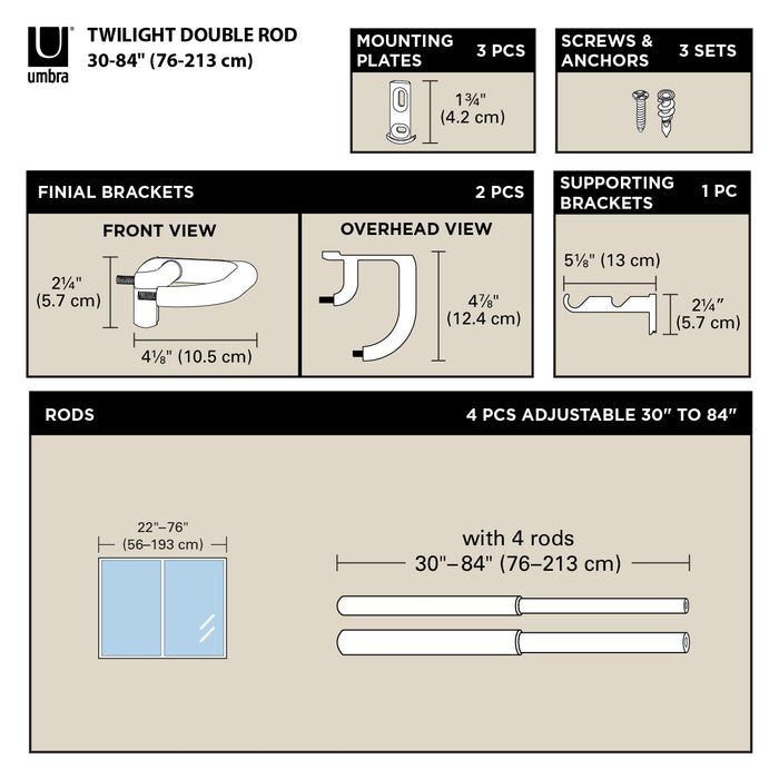 Umbra Twilight Matte Black Expandable Double Blackout 3/4\" Curtain Rod - 30\"-84\" 