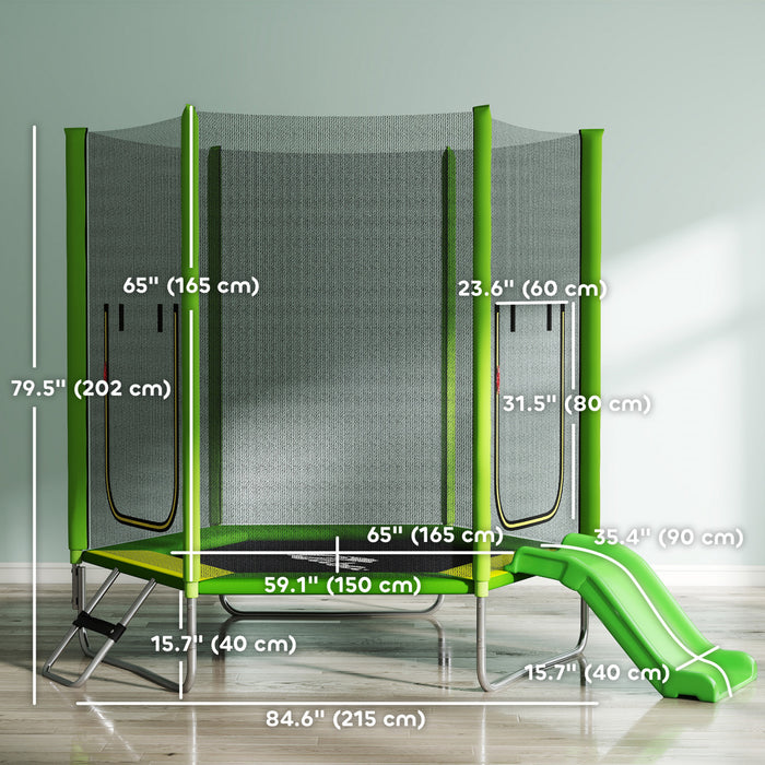Qaba 85\" Trampoline for Kids, Indoor & Outdoor Toddler Trampoline with Slide, Ladder and Safety Enclosure, for Jumping, Sliding, and Playing, for Boys & Girls Ages 3+, Green