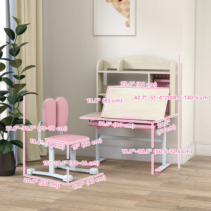 Qaba Kids Desk and Chair Set, Height Adjustable Children Study Table and Chair Set with Tiltable Desktop, Drawer and Shelves for Boys Girls Ages 3-12, Pink