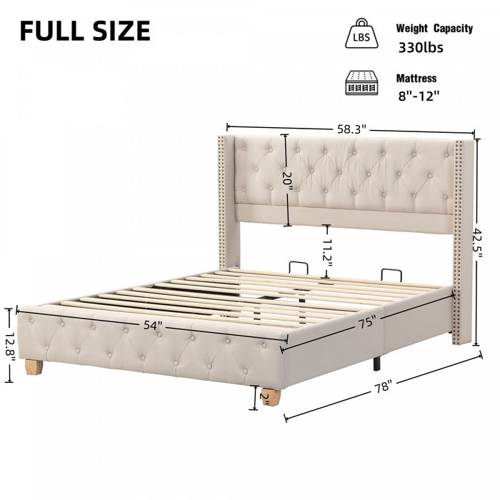 Haley Linen Upholstered Platform Bed with Classic Wingback Headboard and Diamond Tufted Upholstery,Full Size,Beige Full Bed
