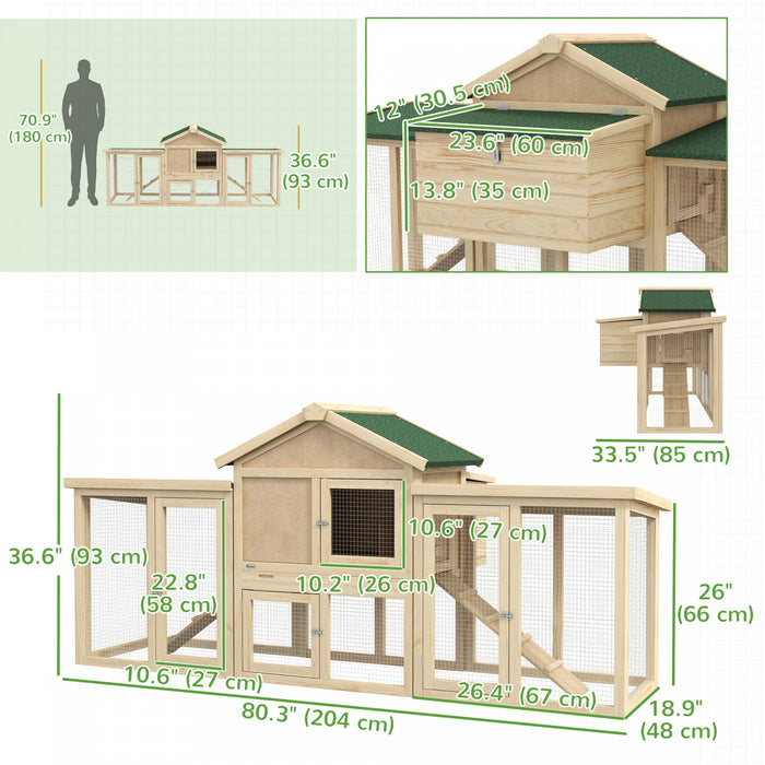 Pawhut 80\" Chicken Coop, Wooden Hen House Large Rabbit Hutch Poultry Cage Pen With Nesting Box, Run, Ramp, Drawer, For Outdoor Backyard Garden