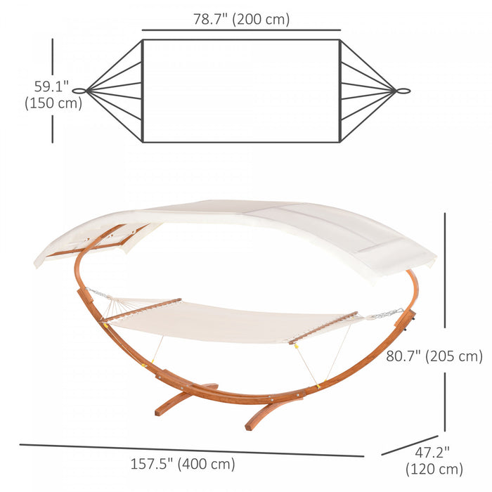 2 Person Wood Swing Arc Hammock Bed And Stand Set W/ Canopy White/teak