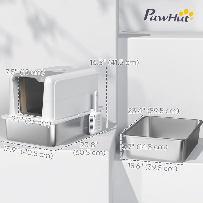 Pawhut Stainless Steel Cat Litter Box With Removable Lid, Extra Large Litter Box With Scoop, Metal Litter Box For Small To Large Cats, Easy To Clean, White