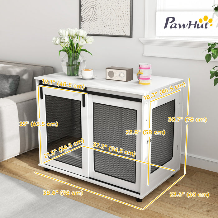 Pawhut Dog Crate Furniture, 39\" Dog Kennel End Table With Sliding Barn Door, Furniture Style Dog Cage For Large Dogs, White
