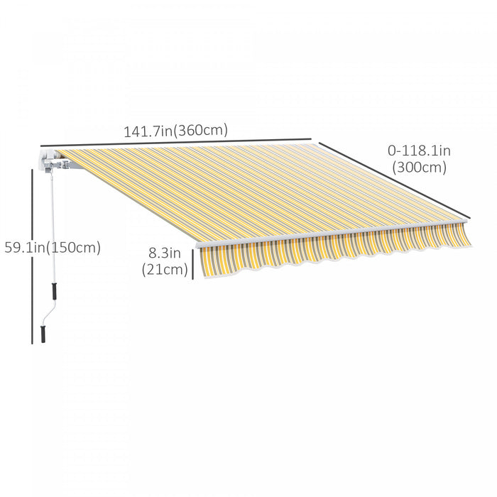 Outsunny 12' X 10' Retractable Awning Patio Sun Shade Shelter With Manual Crank Handle, Uv & Water-resistant Fabric And Aluminum Frame For Deck, Balcony, Yard, Yellow And Grey