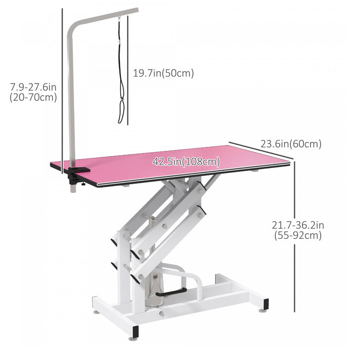 Pawhut Dog Grooming Table, Deluxe Professional Pet Grooming Table For Larger Dogs Z-lift Hydraulic With Arm Noose - Pink
