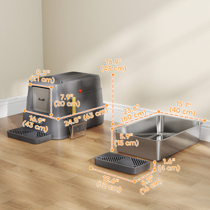 PawHut 80L Stainless Steel Litter Box with Lid, XL Cat Litter Box for Big Cats with 180° Flip Cover, Pull-Out Drawer Tray, High Sided, Pedal, Scoop, Dark Grey
