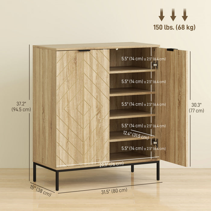 HOMCOM 15 Pairs Shoe Storage Cabinet with Doors, Adjustable Shelves, Oak