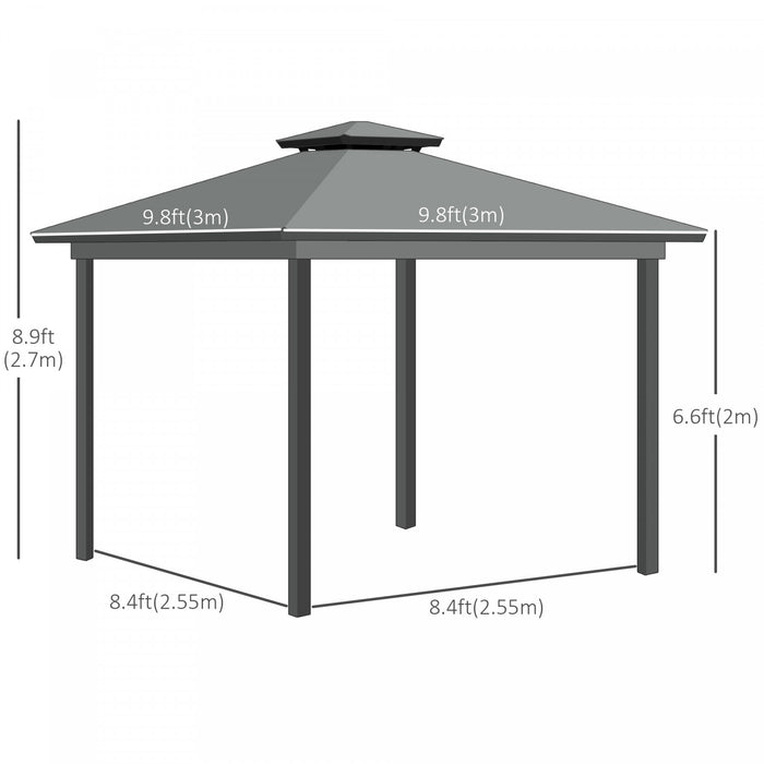 Outsunny 10' X 10' Hardtop Gazebo, Aluminum Frame Garden Sun Shelter With Double Tier Metal Roof, Mosquito Netting, Curtains, And Hanging Hook, Grey
