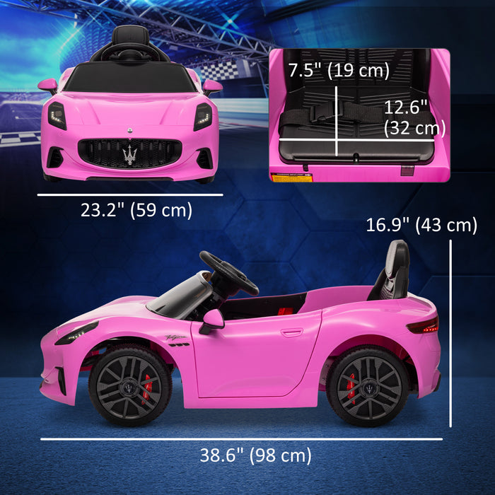 Qaba 12v Electric Powered Ride-On Car For Kids, Maserati Gran Turismo Licensed Battery Powered Kids Car With Remote Control, Soft Start, Led Lights, Music, Horn, Mp3, Kids Ride On Car, Pink