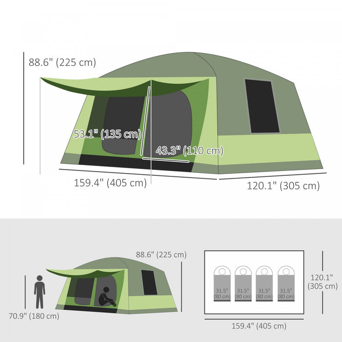 Outsunny 4-8 Person Camping Tent, 2-room Dome Tent With Porch, Green