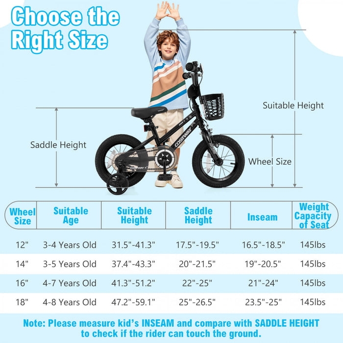 Costway 14\" Kid's Bike With Training Wheels Adjustable Handlebar & Seat Handbrake Silver